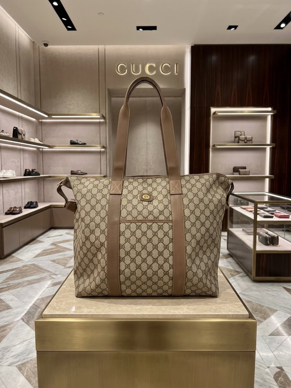 Gucci Beige Brown GG Supreme Canvas large travel tote